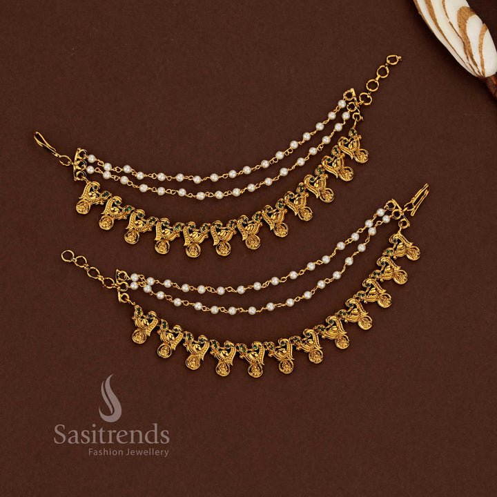 Lakshmi design temple matte gold plated American diamond matils accentuated with rich green stones and soft pearl highlights crafted for bridal traditions - Sasitrends