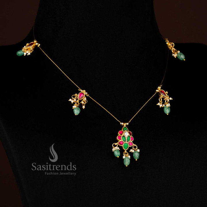 Jadau Invisible Chain 24K Gold Plated Necklace with Variety of Crafted Motifs & Pearl Touch for Saree Styling