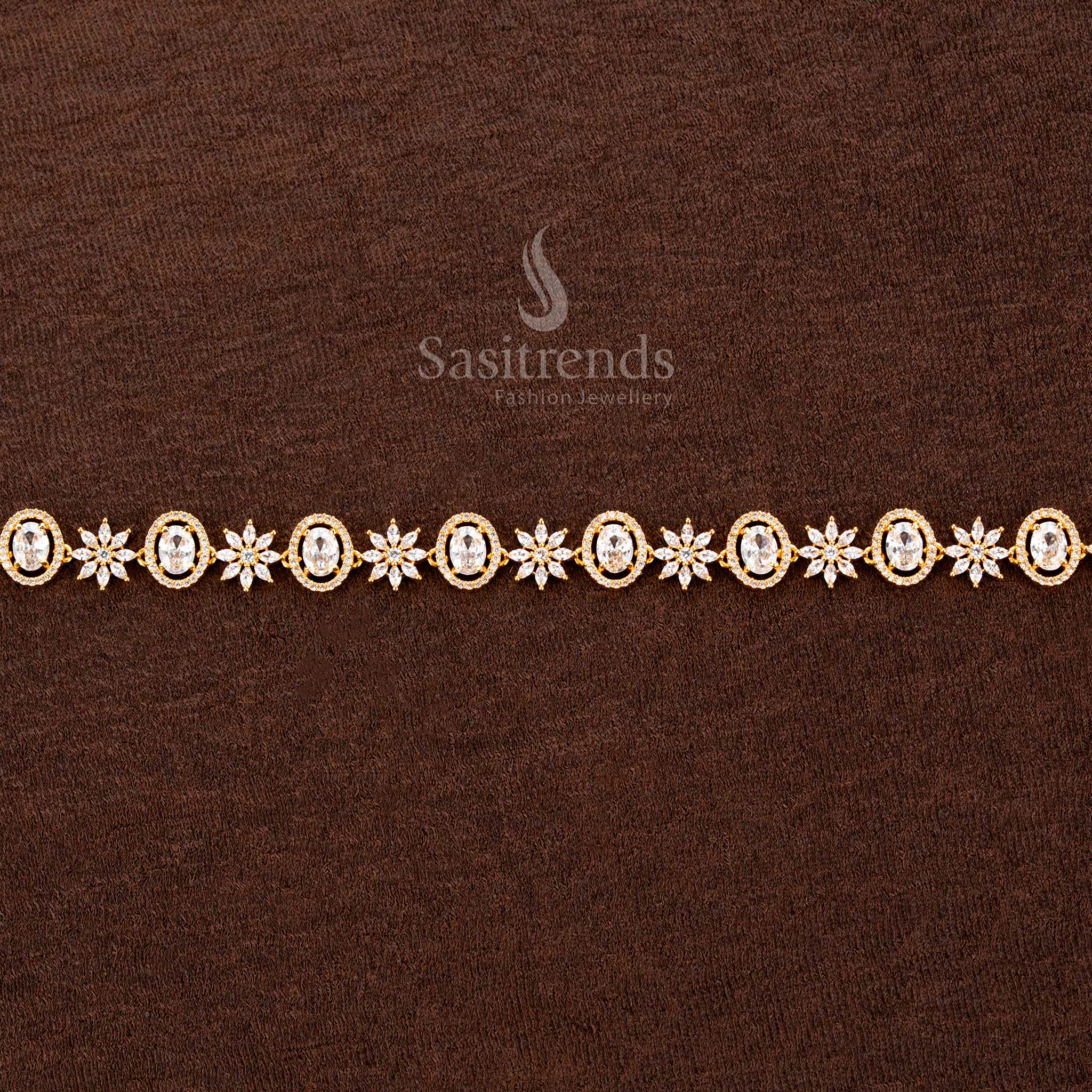 Dazzling white gold-plated hip chain featuring radiant American diamonds, an intricately designed floral motif, and a luxurious finish—perfect for weddings and cultural celebrations - Sasitrends