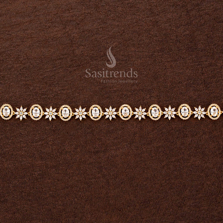 Dazzling white gold-plated hip chain featuring radiant American diamonds, an intricately designed floral motif, and a luxurious finish—perfect for weddings and cultural celebrations - Sasitrends