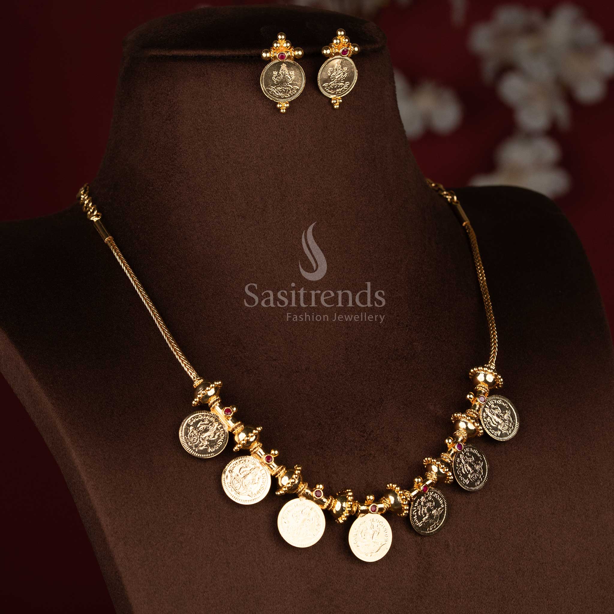 Divine heritage guaranteed micro gold plated Lakshmi coin temple necklace with ribbed bead circle design for spiritual adornment jewellery - Sasitrends