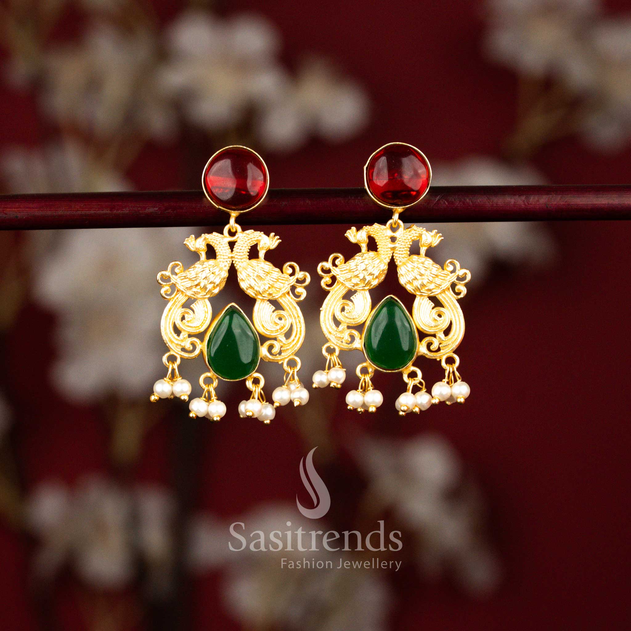 24K gold plated dual peacock circular and teardrop stone earrings featuring pearls in classic ruby green combination for traditional celebrations – Sasitrends
