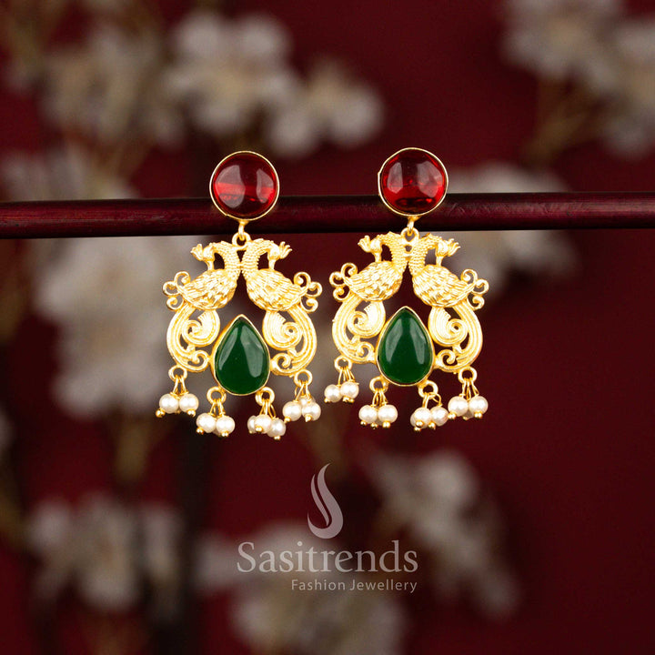 24K gold plated dual peacock circular and teardrop stone earrings featuring pearls in classic ruby green combination for traditional celebrations – Sasitrends