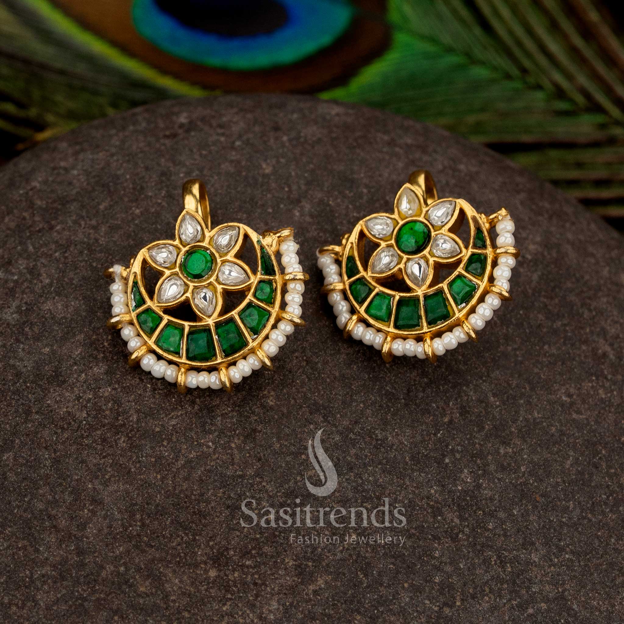 Timeless green white kundan jadau bugadi ear cuffs decorated with pearls for temple styling - Sasitrends