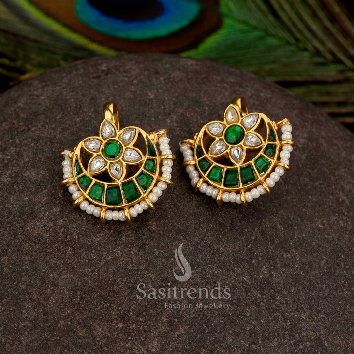Timeless green white kundan jadau bugadi ear cuffs decorated with pearls for temple styling - Sasitrends