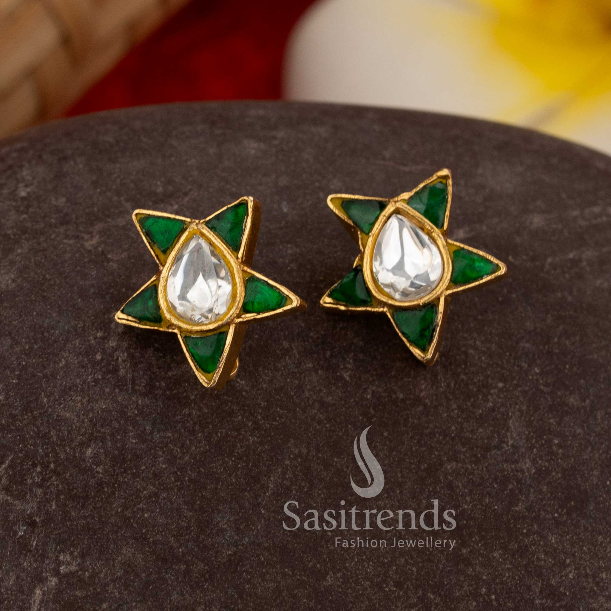Timeless green white kundan jadau bugadi ear cuffs highlighting star design teardrop stones pearls - Sasitrends