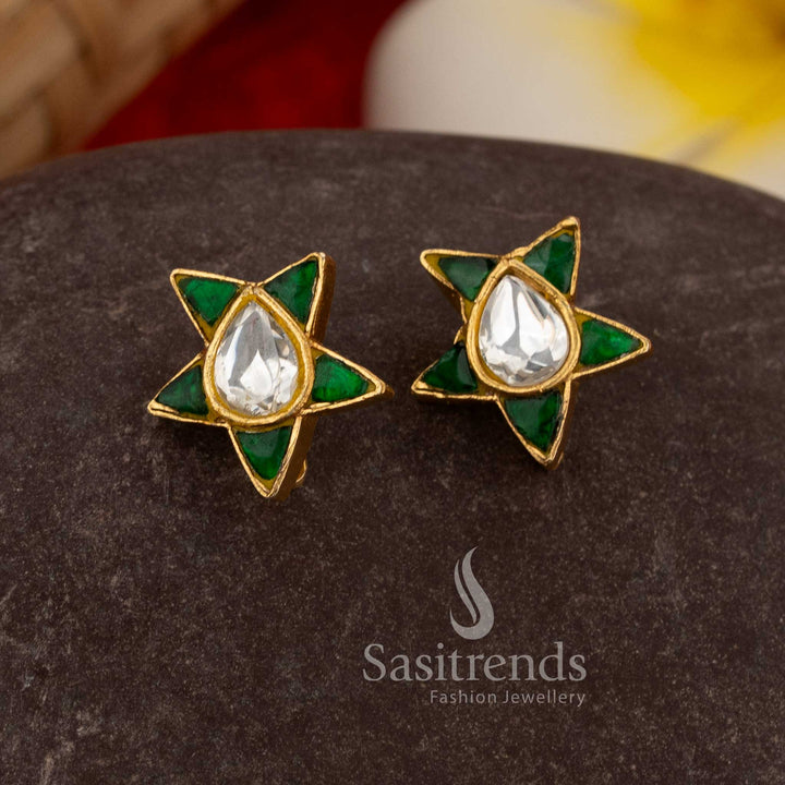 Timeless green white kundan jadau bugadi ear cuffs highlighting star design teardrop stones pearls - Sasitrends