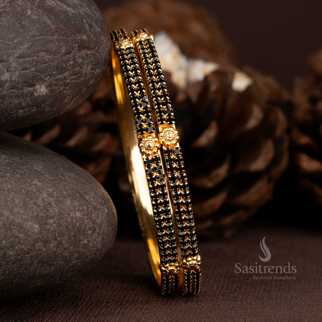 Elegant dual line bangles in 24K micro gold plated finish with bold black para stones – a classic statement for traditional saree jewellery and festive dressing – Sasitrends