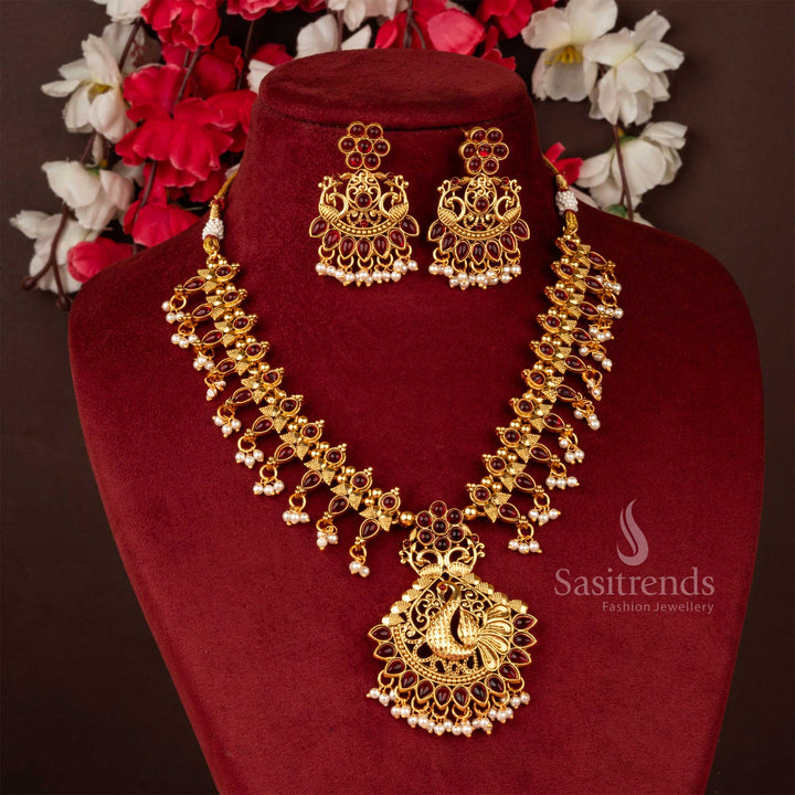 Classic ruby matte gold floral necklace jewellery set with peacock pendant, perfect for traditional bridal and festive wear - Sasitrends