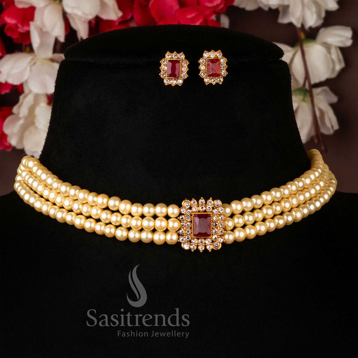 Traditional Classic Matt Gold Plated Three Line PearlChoker Necklace With Earrings Online - Sasitrends