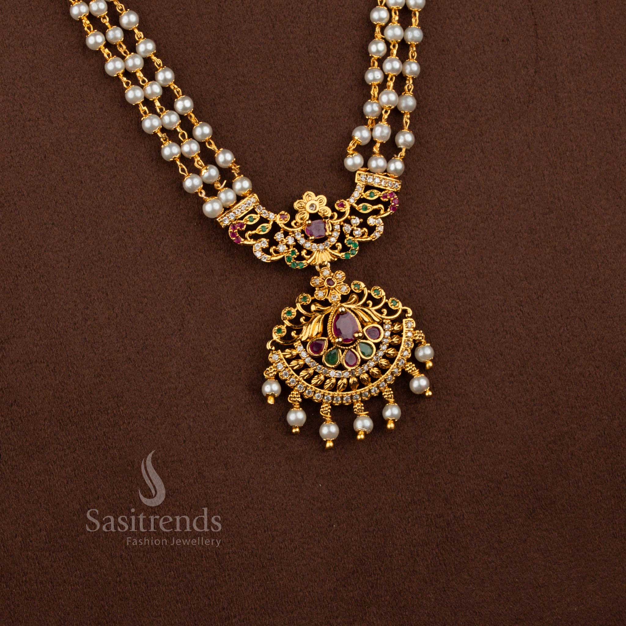 Graceful bhakti temple matte gold plated three layer pearl haram necklace ideal for devotional styling and temple ceremonies – Sasitrends