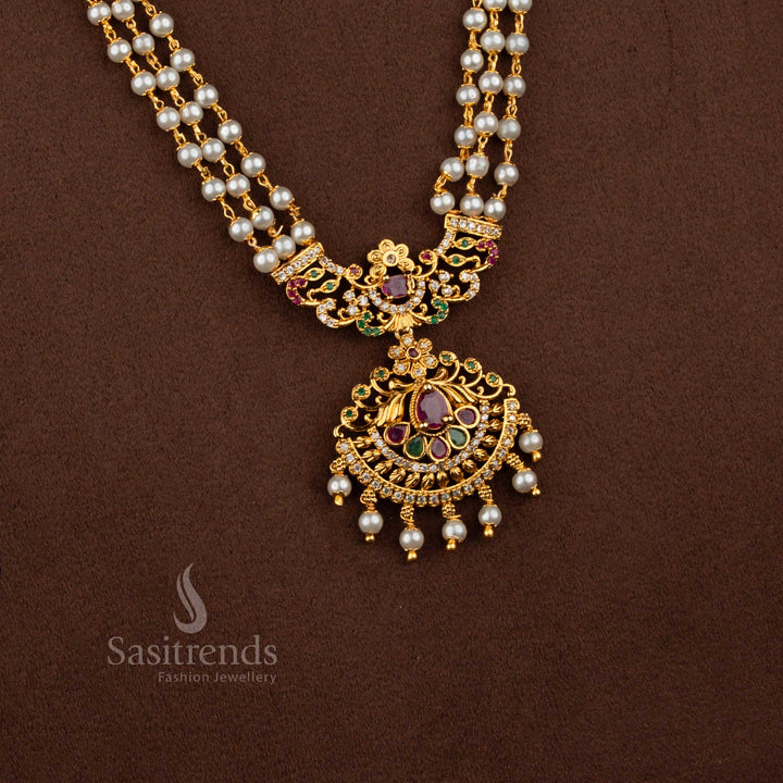 Graceful bhakti temple matte gold plated three layer pearl haram necklace ideal for devotional styling and temple ceremonies – Sasitrends