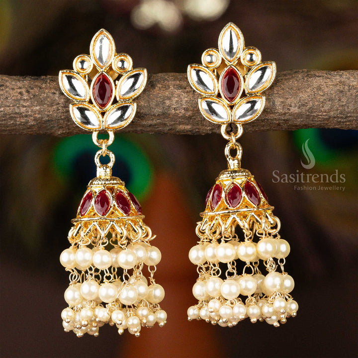Traditional Gold Plated Maroon and White Stone Stud Kundan Jhumka Pearl Earrings Sasitrends Online 