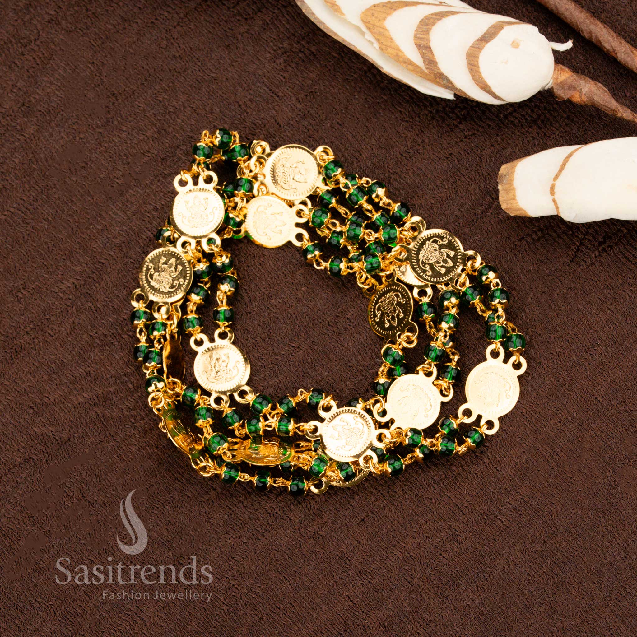 Antique Green Kemp Stone Lakshmi Coin Necklace With Micro Gold Coating And Goddess Engraved Motifs Jewellery - Sasitrends