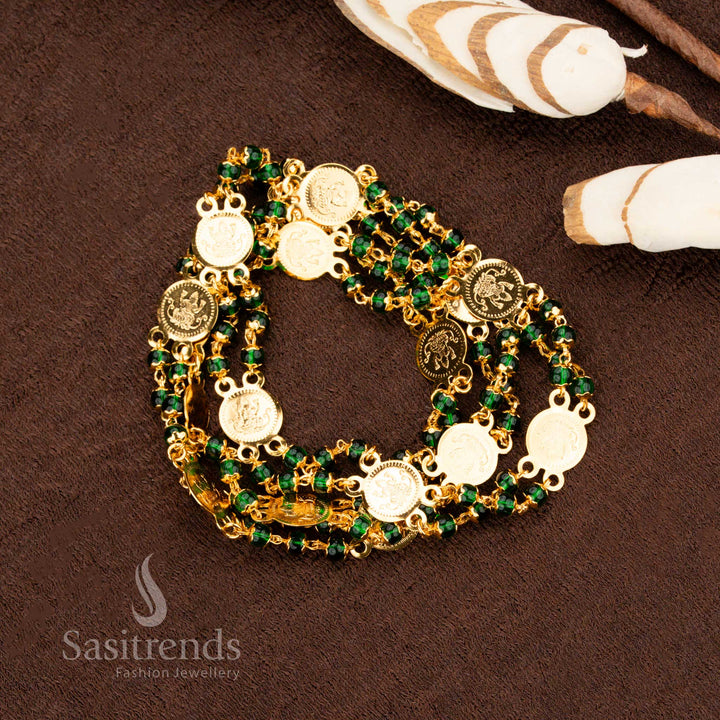 Antique Green Kemp Stone Lakshmi Coin Necklace With Micro Gold Coating And Goddess Engraved Motifs Jewellery - Sasitrends