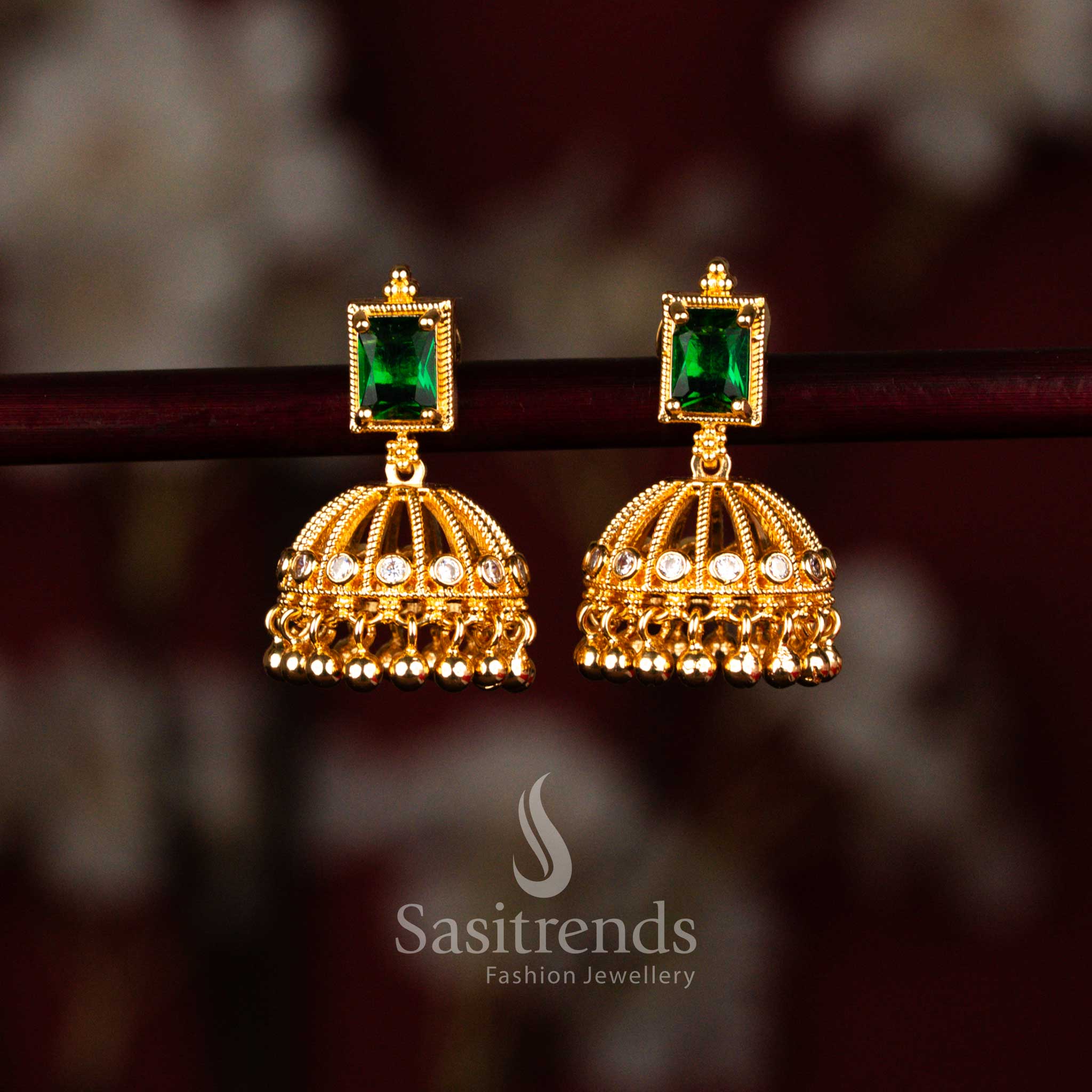 Graceful one gram micro gold plated traditional square stud dome jhumka earrings in green colour designed to resemble real gold – Sasitrends