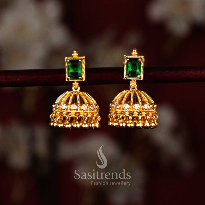 Graceful one gram micro gold plated traditional square stud dome jhumka earrings in green colour designed to resemble real gold – Sasitrends