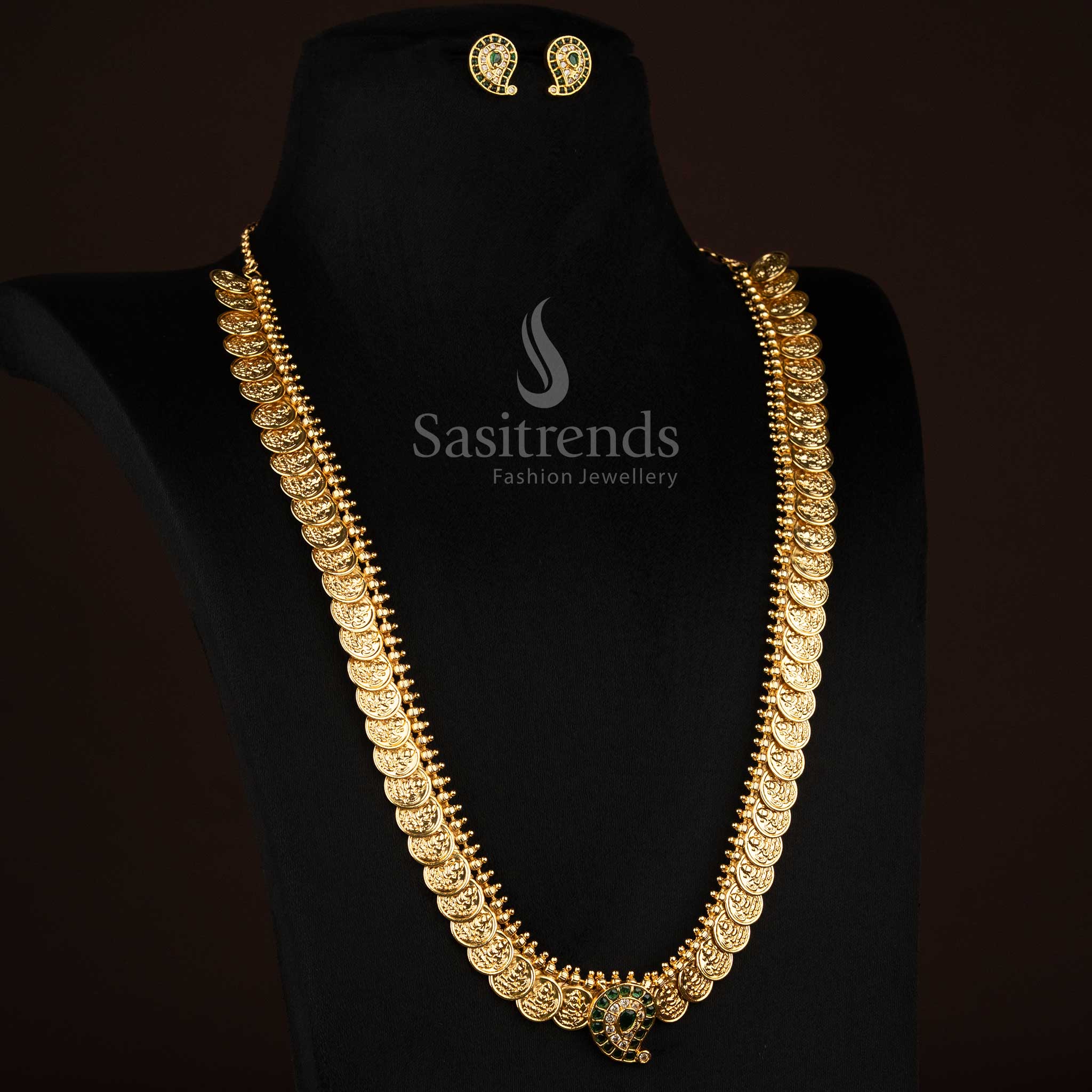 Graceful green white temple matte gold plated Kemp Lakshmi coin paisley long necklace for religious wear - Sasitrends