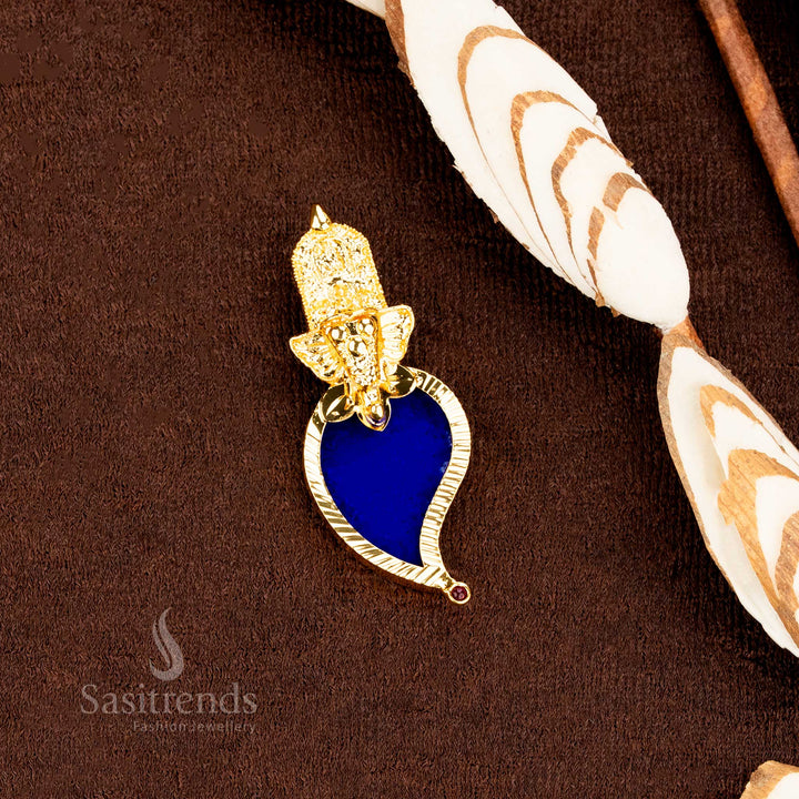 Micro Gold Plated Mango Pendant with blue color and vinayagar design for special wear - Sasitrends