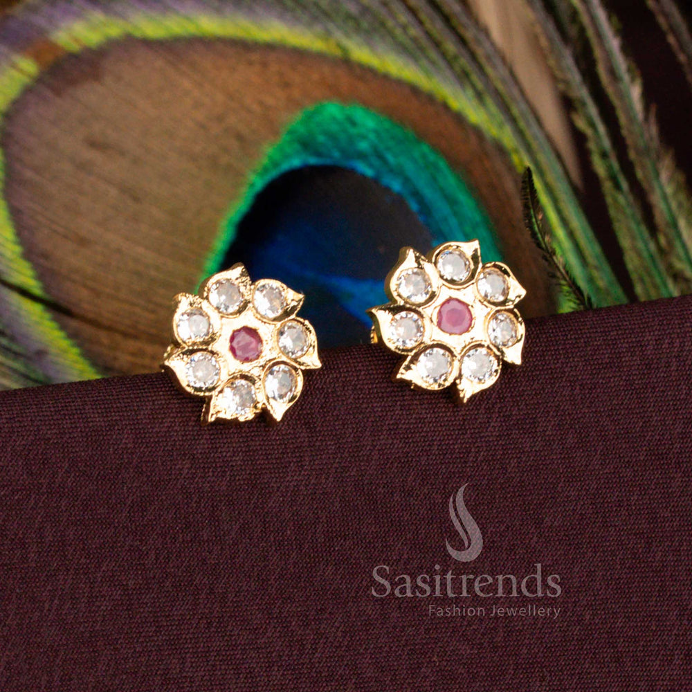 Charming White Ruby Flower Stud Earrings One Gram Impon Addigai Micro Gold Plated With AD Stones Screw Back – Sasitrends
