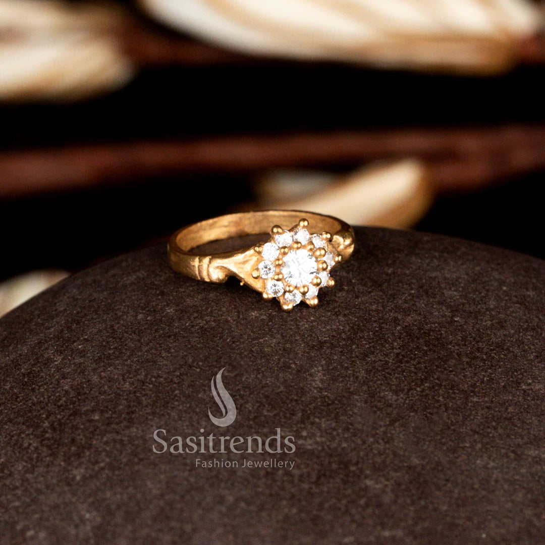 Classic panchalogam floral design ring crafted in Impon Addigai micro gold plating with radiant white AD stones, perfect for cultural celebrations and auspicious family occasions – Sasitrends