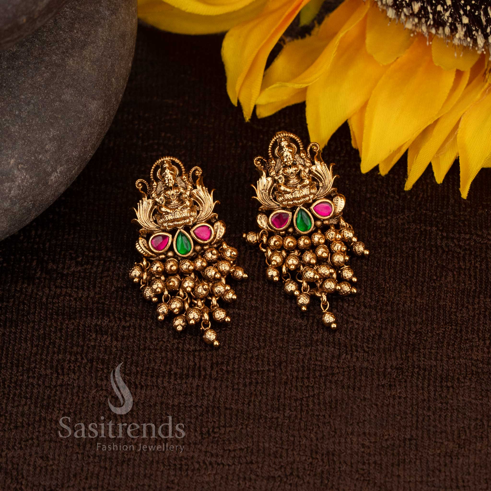 Elegant Matte Gold Lakshmi Design Temple Earrings with Ruby-Green AD Stones and Gold Bead Drops – Sasitrends