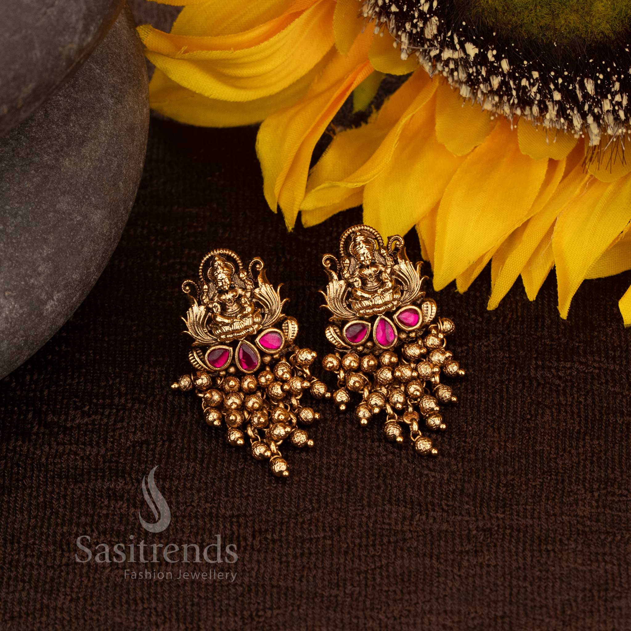 Premium Matte Gold Lakshmi Temple Earrings with Ruby Stones and Gold Beads – Sasitrends