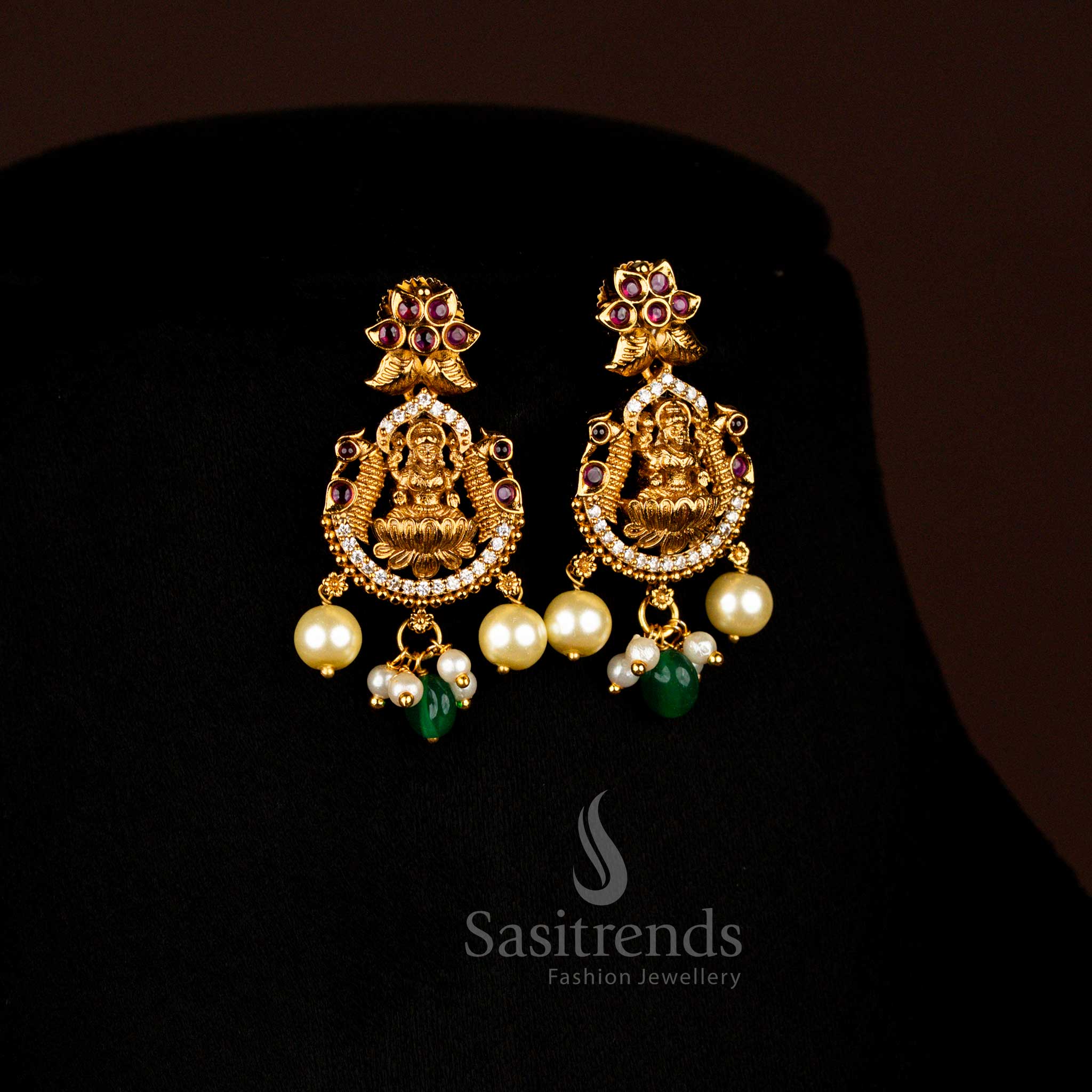Elegant Handcrafted Matte Gold Lakshmi Temple Earrings Set With White-Ruby Pearl And AD Stones Perfect For Wedding And Festivals - Sasitrends