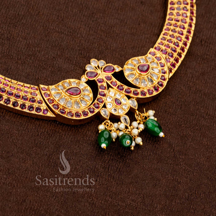 Ruby-White Matte Gold Floral AD Stone Necklace Set designed for saree and temple occasions, showcasing divine artistry and cultural charm — Sasitrends
