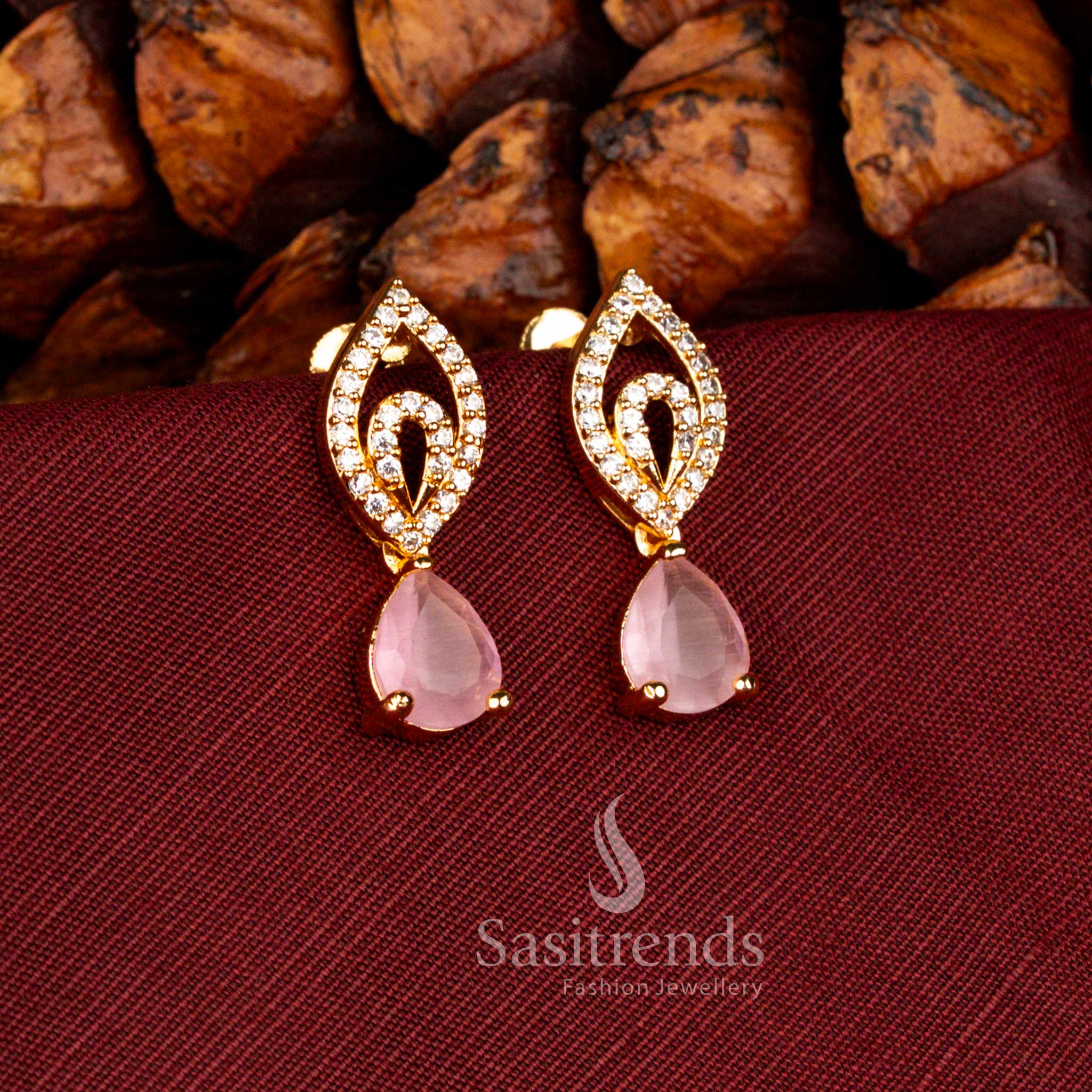 Elegant micro gold plated teardrop AD screw type stud earrings featuring 24 carat gold finish and soft pink colour festive styling – Sasitrends