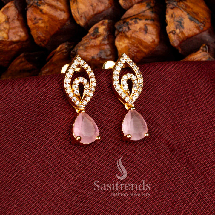 Elegant micro gold plated teardrop AD screw type stud earrings featuring 24 carat gold finish and soft pink colour festive styling – Sasitrends