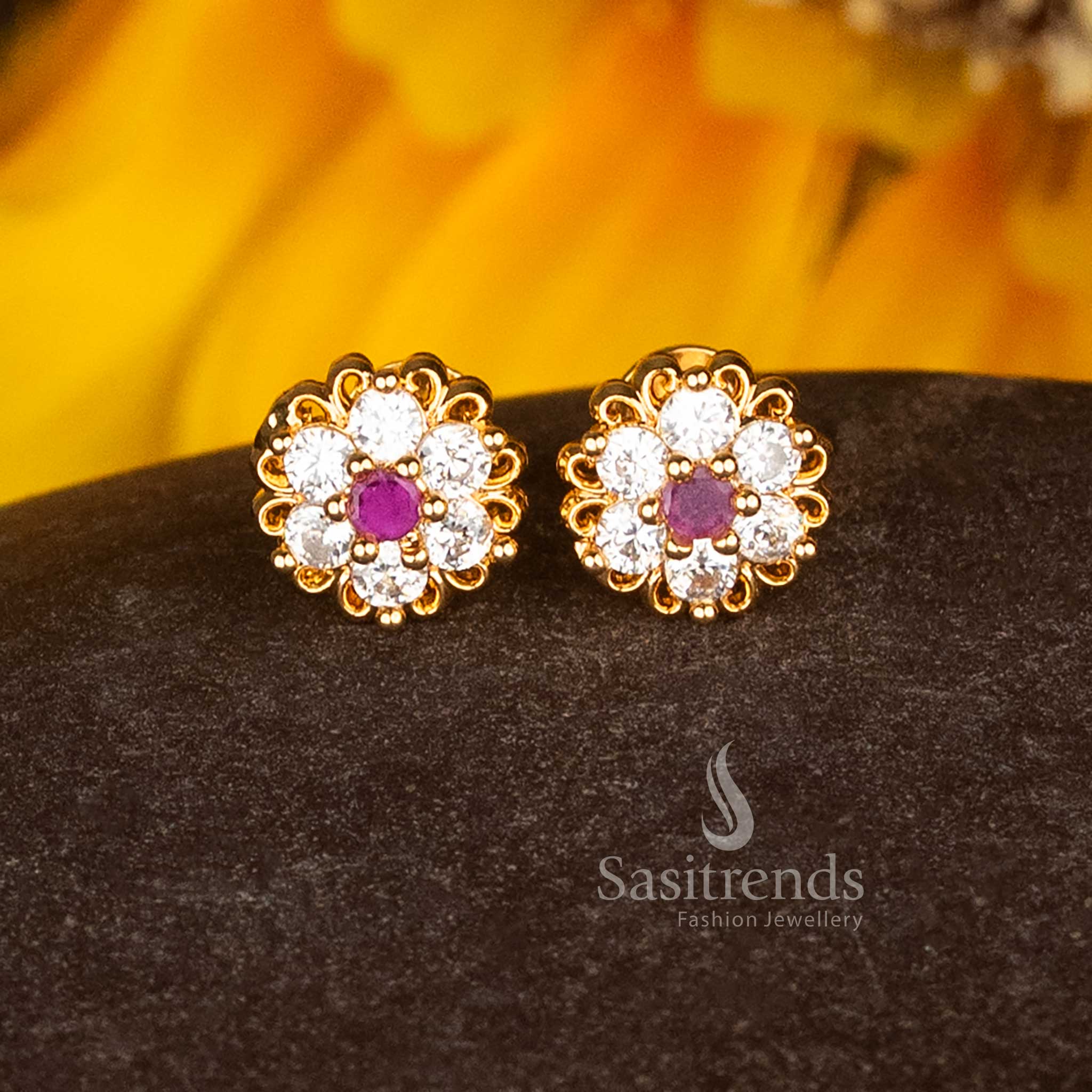 Majestic Micro Gold Plated AD Floral Cluster Stud Earrings with Filigree Edge in White-Ruby, Ideal for Traditional and Festive Jewellery Occasions – Sasitrends