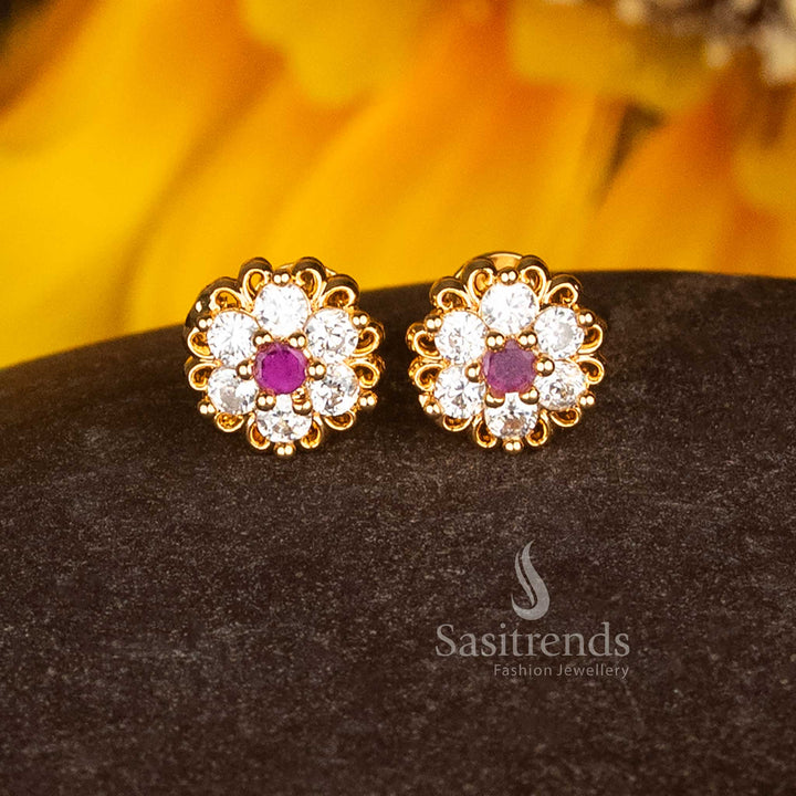 Majestic Micro Gold Plated AD Floral Cluster Stud Earrings with Filigree Edge in White-Ruby, Ideal for Traditional and Festive Jewellery Occasions – Sasitrends