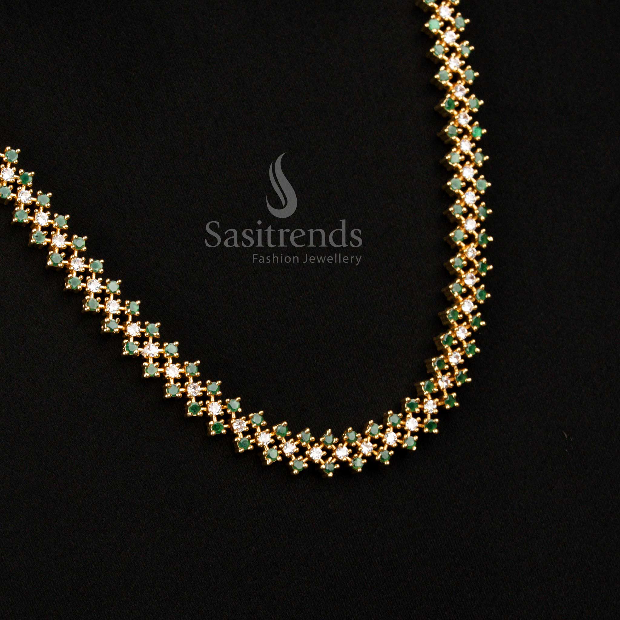 Designer Micro Gold Plated Green-White American Diamond Jewellery Set Featuring Geometric Cluster Design Ideal For Bridal And Cultural Occasions - Sasitrends