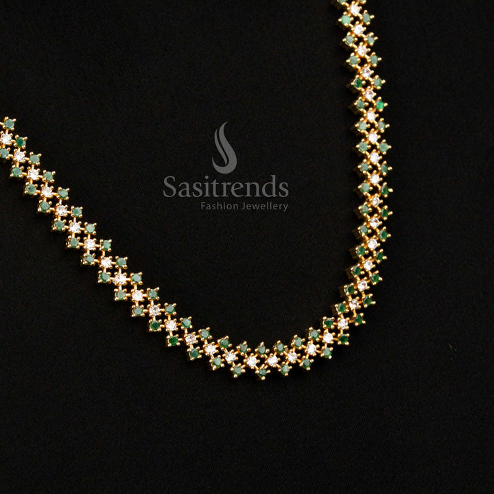 Designer Micro Gold Plated Green-White American Diamond Jewellery Set Featuring Geometric Cluster Design Ideal For Bridal And Cultural Occasions - Sasitrends