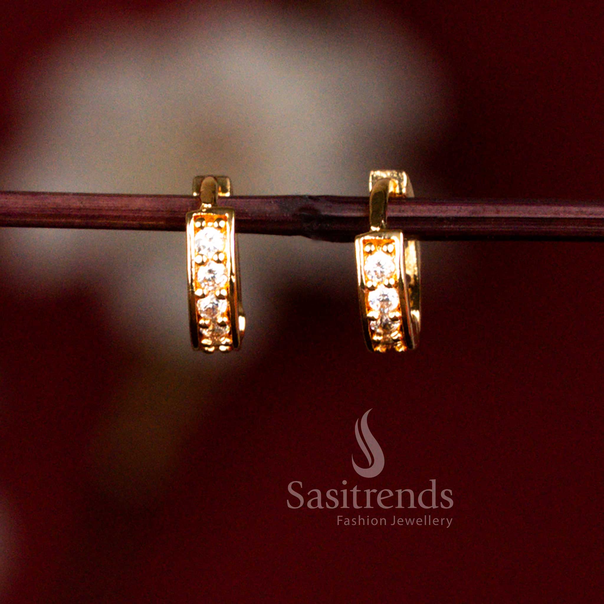Classic guaranteed micro gold plated AD stud earrings with ring style hinged clasp design in elegant white shade for ethnic wear – Sasitrends