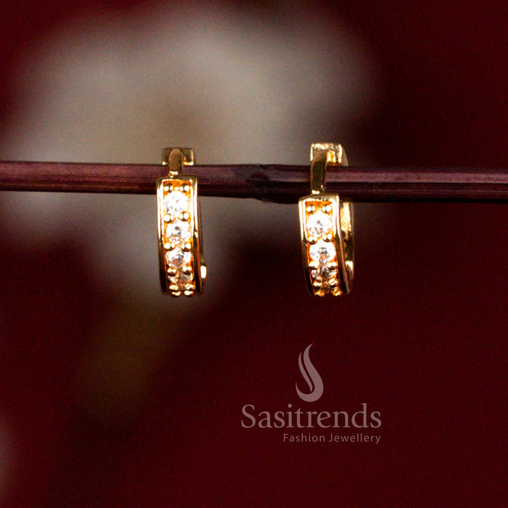 Classic guaranteed micro gold plated AD stud earrings with ring style hinged clasp design in elegant white shade for ethnic wear – Sasitrends
