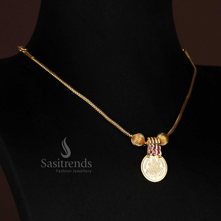 Traditional Micro Gold Plated Lakshmi Coin Necklace with Stone Studded Frame For Special Wear - Sasitrends