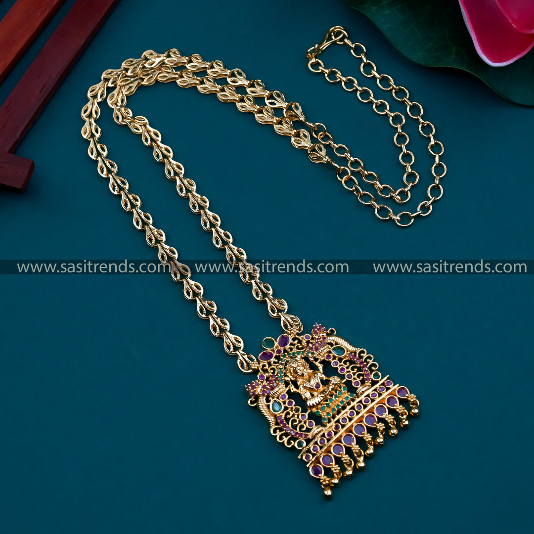 Gorgeous Lakshmi Motif and Peacock Design Pendant Necklace with Tear-Drop AD Stones - A Timeless Piece of Traditional Jewelry
