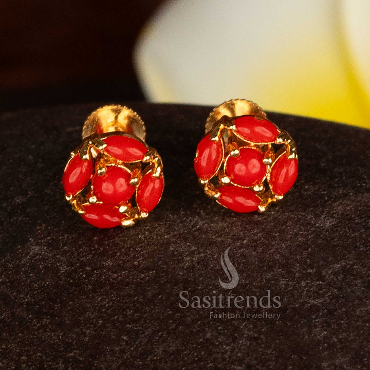 Divine traditional micro gold plated pavalam hexa floral stud earrings with screw back for cultural opulence jewellery - Sasitrends