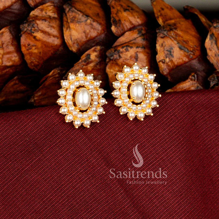Guaranteed micro gold plated oval floral motif stud earrings decorated with pearl and pavalam inspired traditional festive jewellery style – Sasitrends