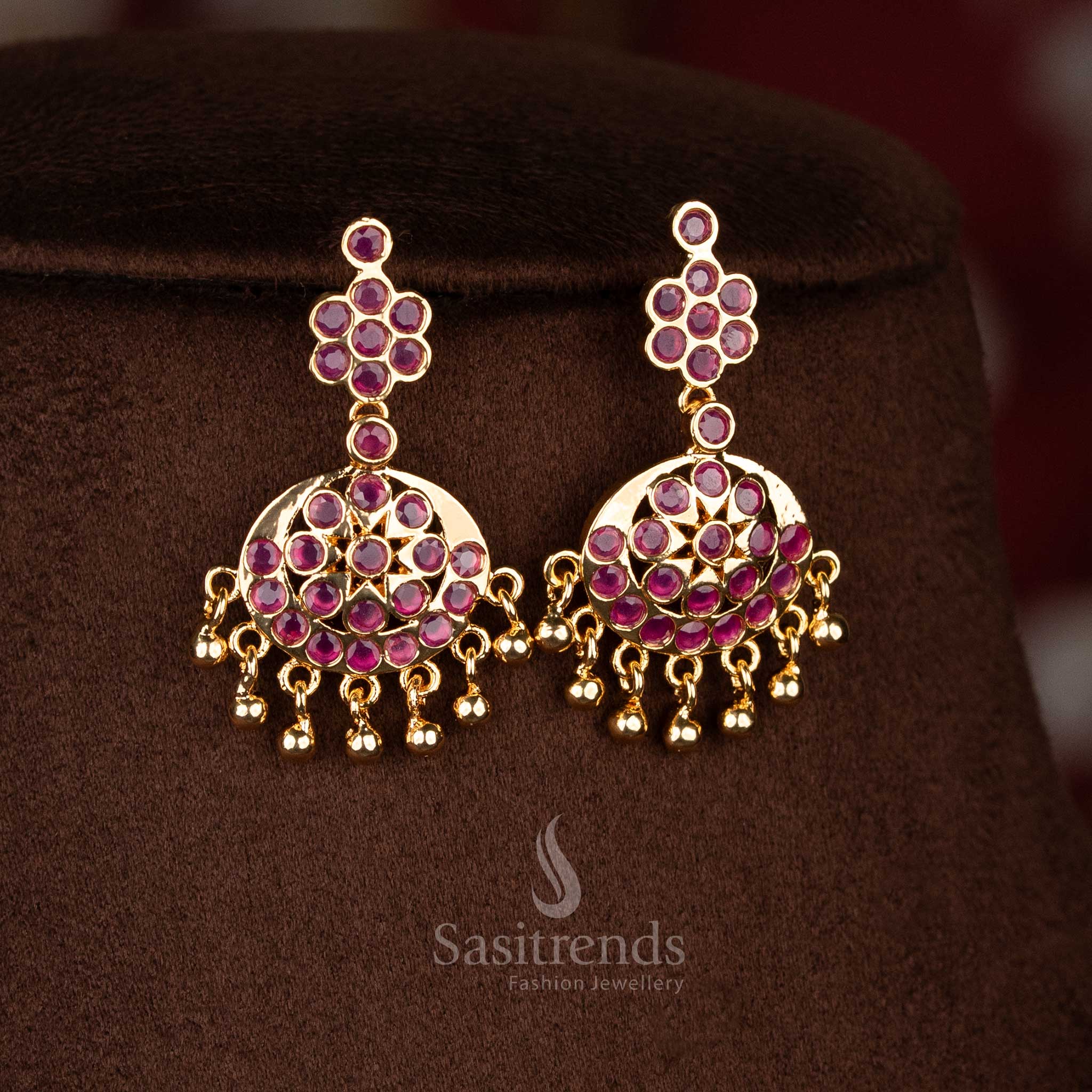 Elegant traditional micro gold plated ruby crescent floral pendant stud dangle earrings exuding festive cultural charm jewellery - Sasitrends