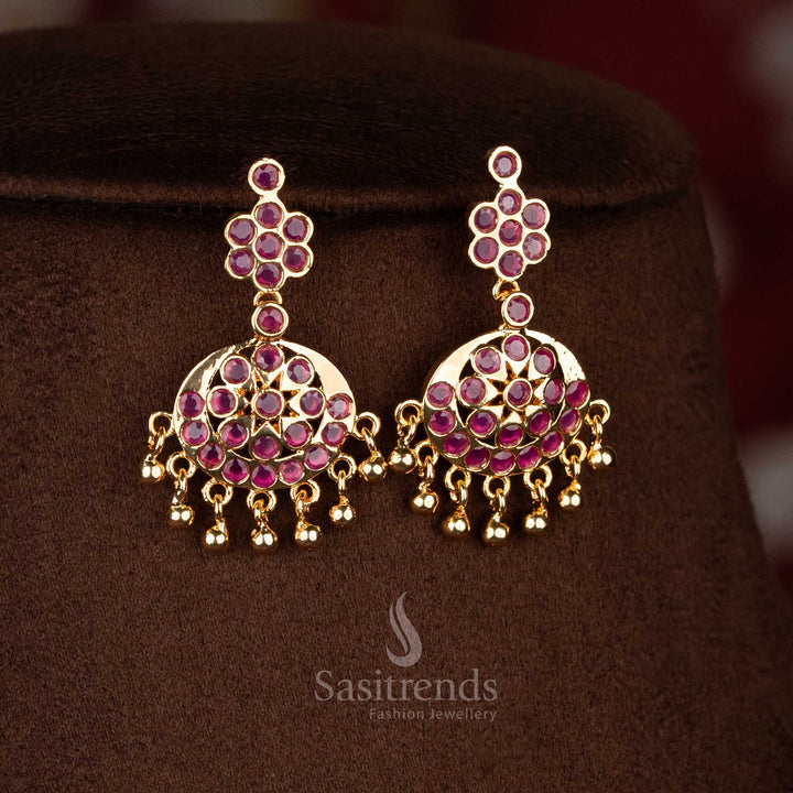 Elegant traditional micro gold plated ruby crescent floral pendant stud dangle earrings exuding festive cultural charm jewellery - Sasitrends