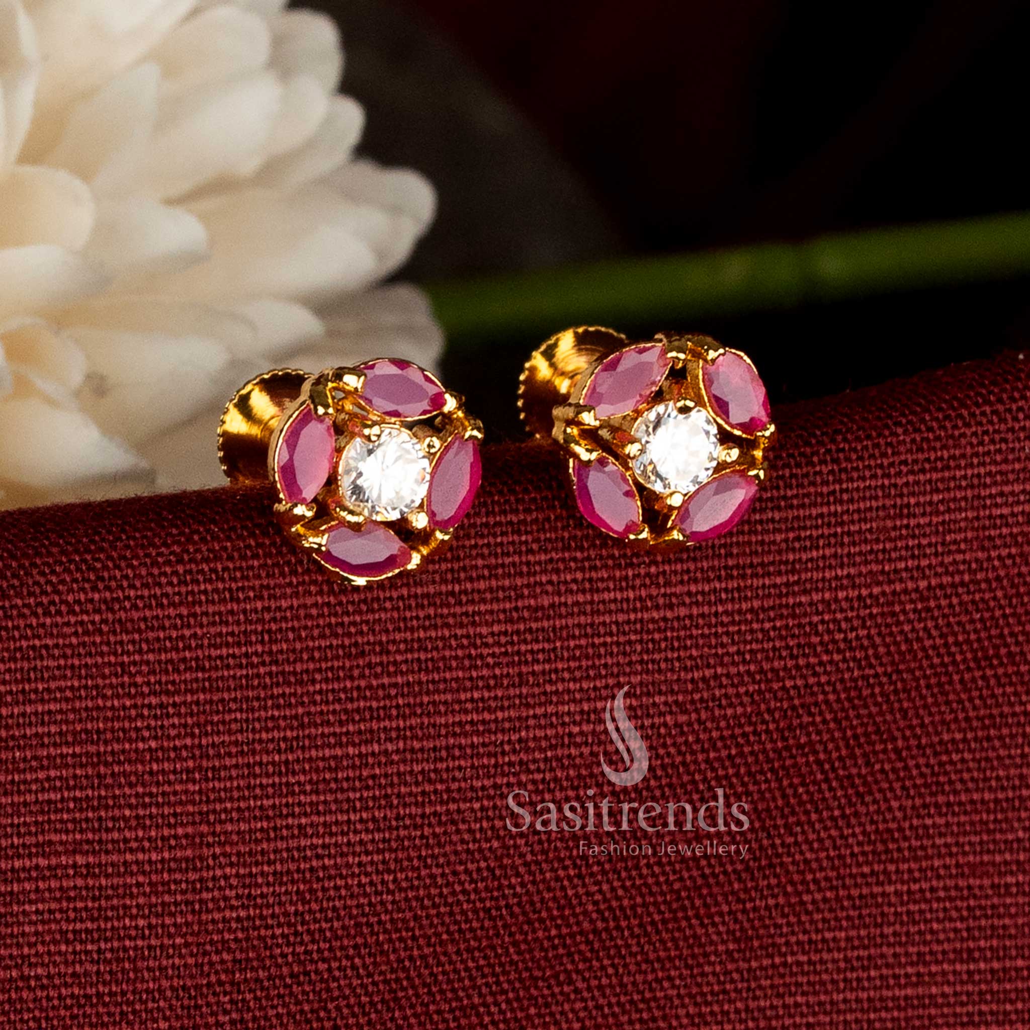 Guaranteed 24K micro gold plated ruby white AD Stone hexa floral stud earrings with screw back for cultural opulence jewellery - Sasitrends