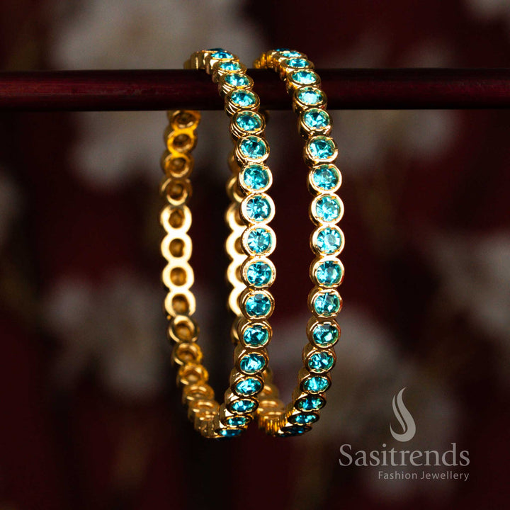 Classic festive micro gold plated temple Impon bangle jewellery with traditional sky blue stone craftsmanship – Sasitrends