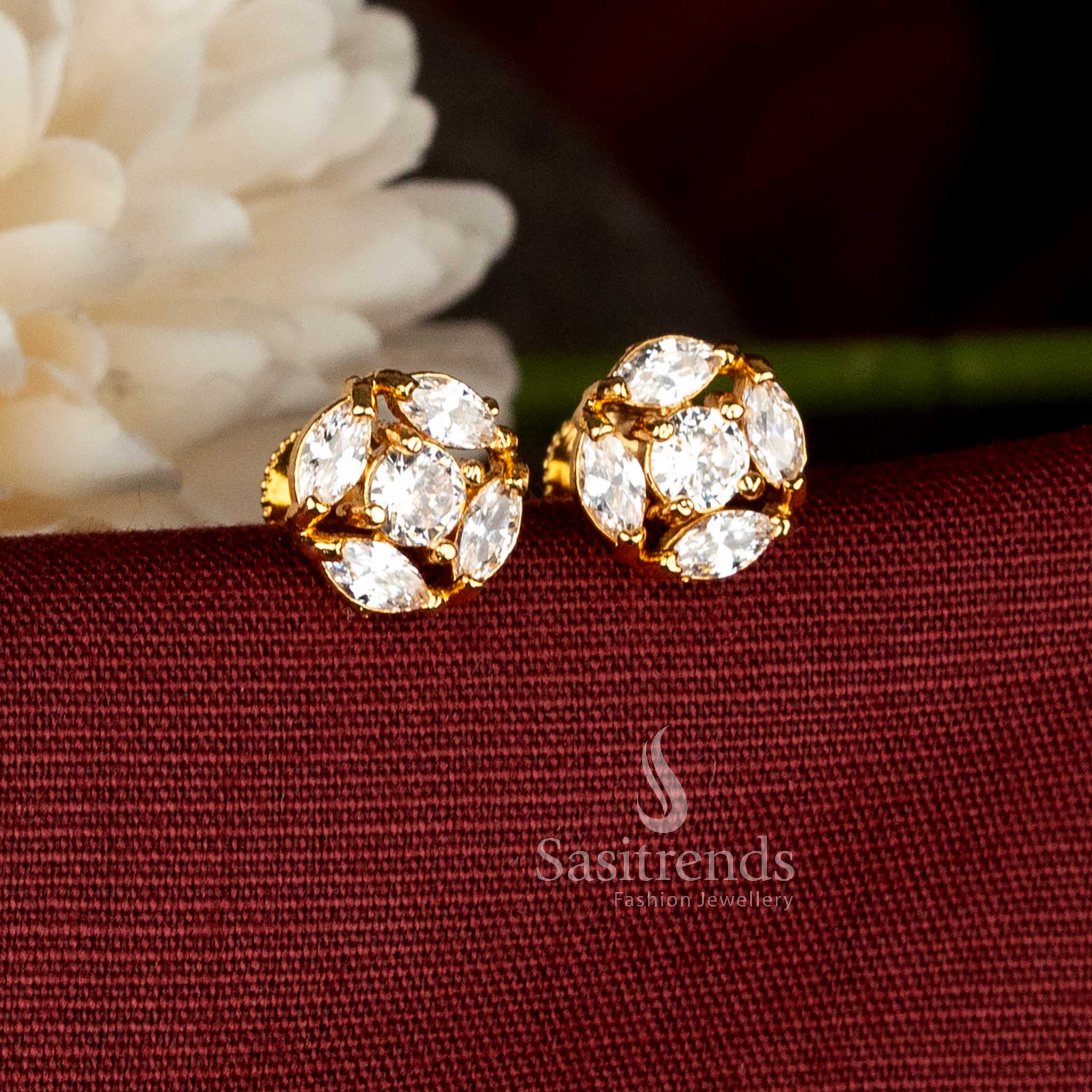 Guaranteed 24K micro gold plated white AD Stone hexa floral stud earrings with screw back for cultural opulence jewellery - Sasitrends