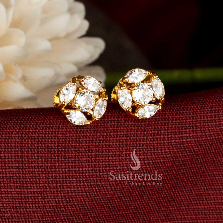Guaranteed 24K micro gold plated white AD Stone hexa floral stud earrings with screw back for cultural opulence jewellery - Sasitrends