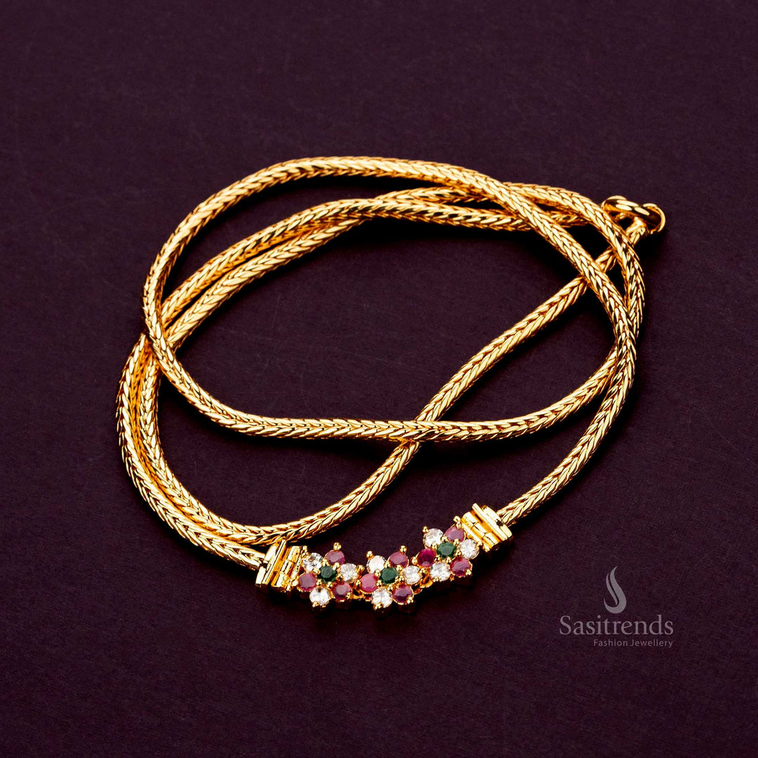 Traditional Wear Micro Gold Plated Mugappu Chain with Floral Motif and AD Stones for Women Sasitrends