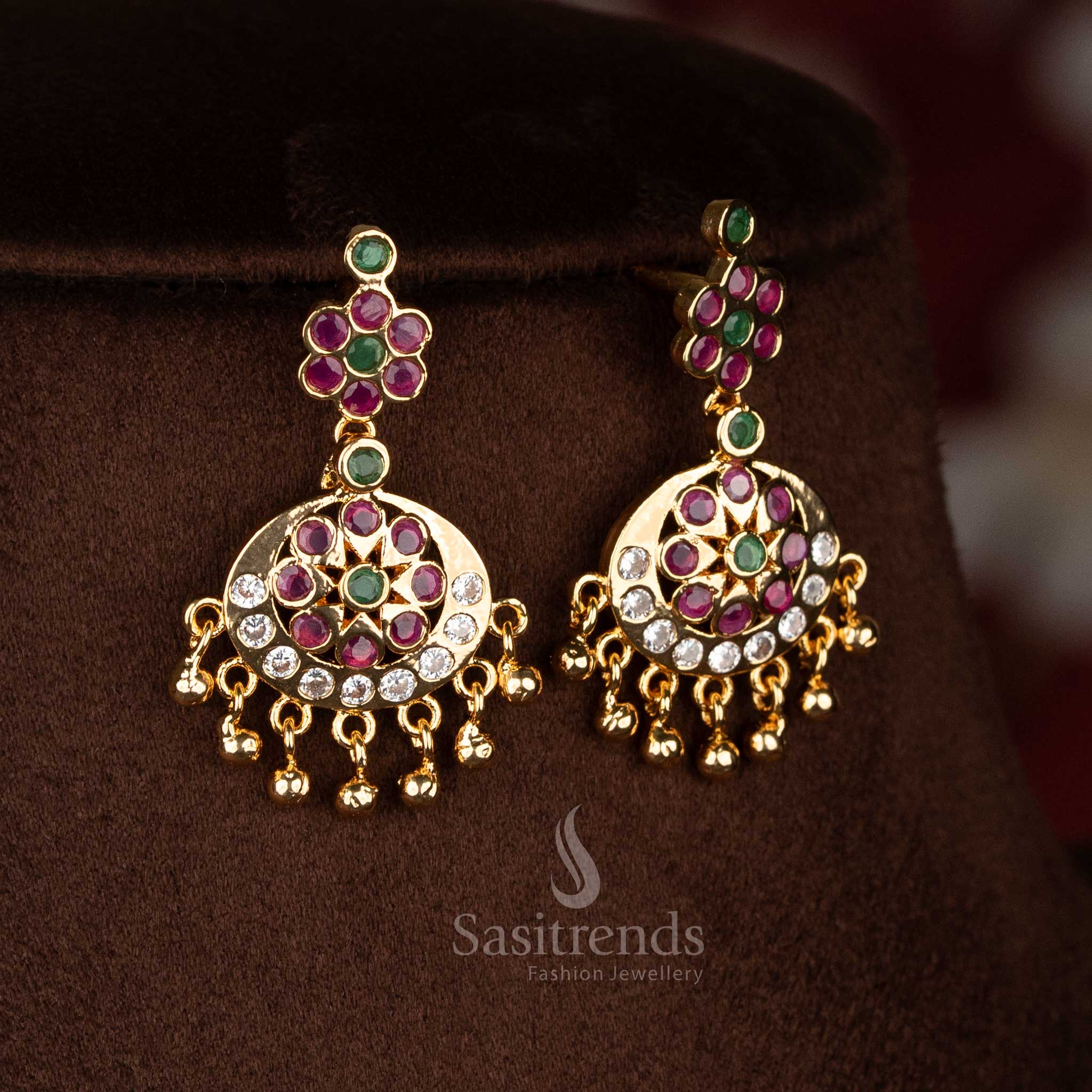 Elegant heritage multi tone micro gold plated crescent floral round stone tiered earrings for cultural luxury jewellery - Sasitrends