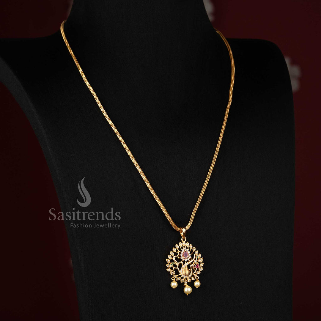 Designer one gram micro gold plated multi colour dancing peacock pendant with stay flat chain necklace for women, offering cultural elegance and festive charm – Sasitrends